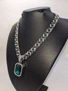 14 K White Gold Plate Simulated Emerald Pendant Necklace