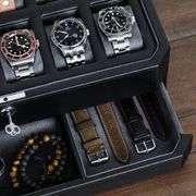 12-Slot Leather Watch Box with Valet Drawer