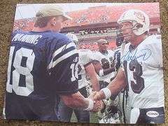 HAND SIGNED PEYTON MANNING AND DAN MARINO 8X10 WITH COA