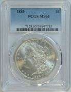 Snowy-white Gem BU 1885 Morgan Silver Dollar. PCGS MS65
