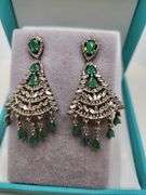 Very high quality hand made emerald and diamonds on silver earrings