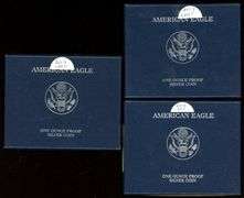3 Different Proof Silver Eagles in Box w/CoA: 2003, 2007, 2008