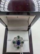 Extremely fine Victorian emerald, sapphire and diamonds ring on silver