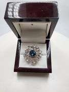 Extremely fine Victorian natural blue topaz in center and diamonds ring on silver