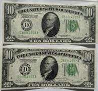 Two $10  Unc Consecutive 1928 B Fed Reserve Notes