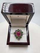 Extremely fine Victorian natural ruby, emerald, sapphire, diamonds ring on silver
