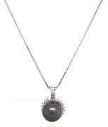 14kt White gold 12mm Tahitian pearl and diamond halo pendant on chain