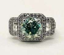 14 K White Gold Plate 3.65 Ct Paraiba Green Fire Moissanite Ring