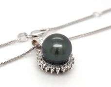 14kt White gold 12mm Tahitian pearl and diamond halo pendant on chain
