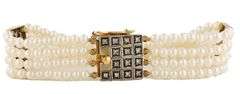 Vintage Seed Pearl and Diamond Multi Row Station Strand Bracelet in 18K