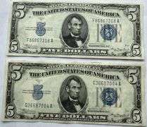 Two 1934 A Near AU $5 Blue Seal Silver Certificates