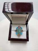 Extremely fine Victorian turquoise and multi sapphire diamond ring on silver