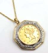 $10 Liberty coin and 1.20ctw diamond bezel Octagon pendant frame on rope chain necklace