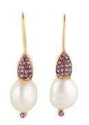 Pink Sapphire and Baroque Pearl Fish Hoop Earrings in 18K