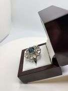 Extremely fine Victorian natural blue topaz in center and diamonds ring on silver