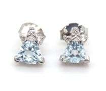 14kt White gold Triangle aquamarine and diamond accent stud earrings