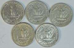5 Different Washington Quarters 1937 to 1940