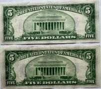 Two 1934 A Near AU $5 Blue Seal Silver Certificates