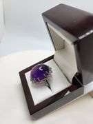 Extremely fine Victorian natural cabochon amethyst in center and diamonds ring on silver