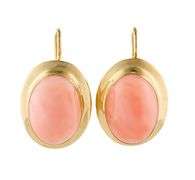 Oval Coral Cabochon Bezel Set Solitaire Leverback Earrings in 18K