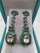 Very high quality hand made emerald and diamonds with blue topaz on silver earrings