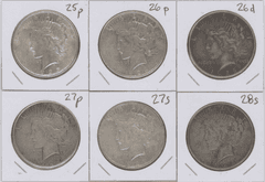 Run of 6 Different Peace Silver Dollars 1925 to 1928-S