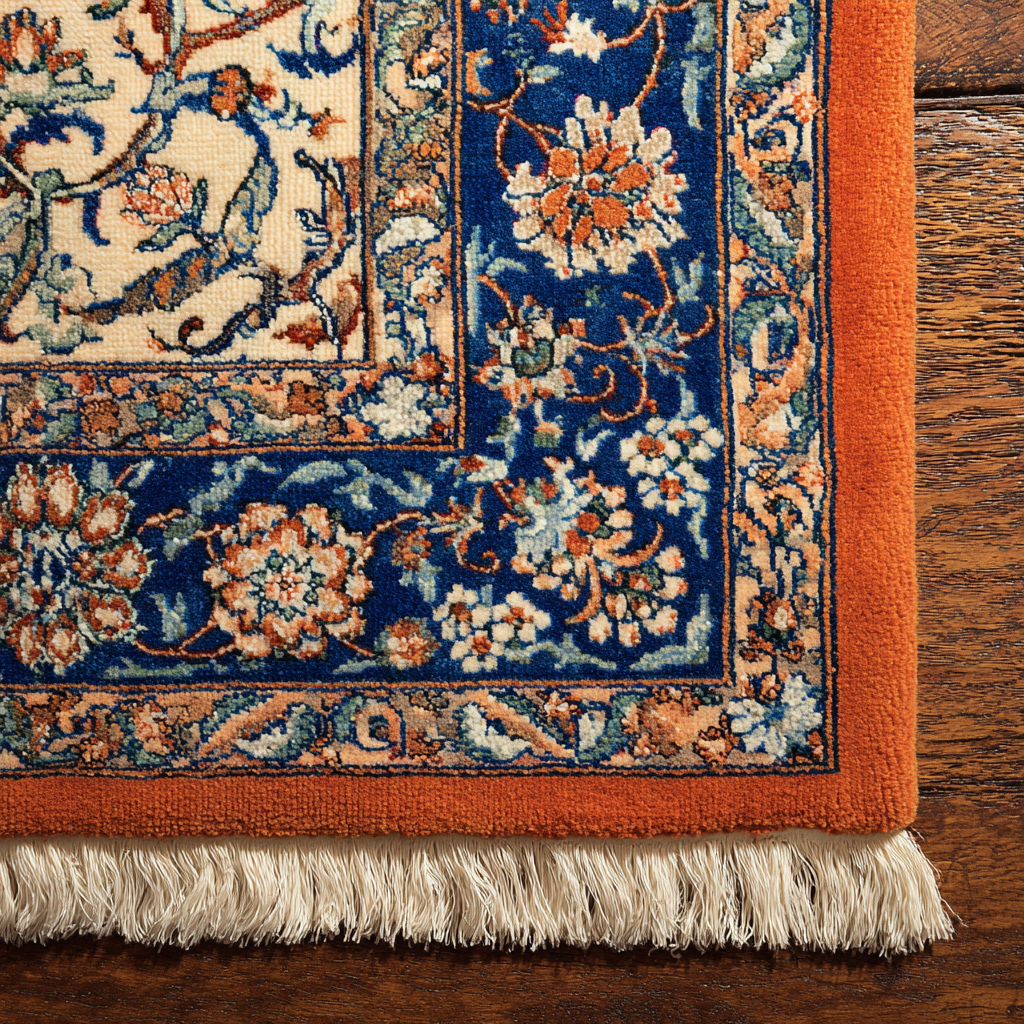 Illustrated parts of an Oriental rug with warps, wefts, fringes