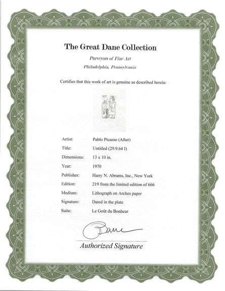 Exclusive Limited Edition Pablo Picasso Lithograph "Le Gout du Bonheur", 1970