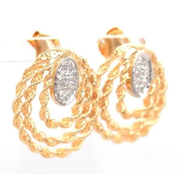 14kt Yellow gold Triple row twisted rope diamond accent earrings