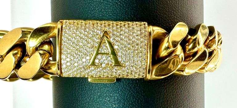 Sparkling 14 Kt Gold Plate 74.6 Grams Monogramed Initial "A" Curb Link Bracelet
