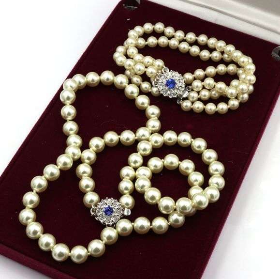 Camrose & Kross JBK faux pearl and blue Swarovski crystal necklace and matching bracelet