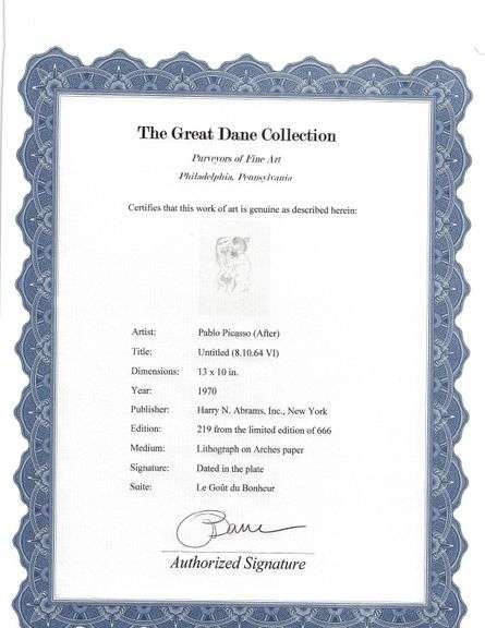 Exclusive Limited Edition Pablo Picasso Lithograph "Le Gout du Bonheur", 1970