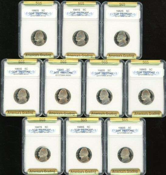 Run of 10 High Grade Proof Jefferson Nickels in Holders: 1980-1989