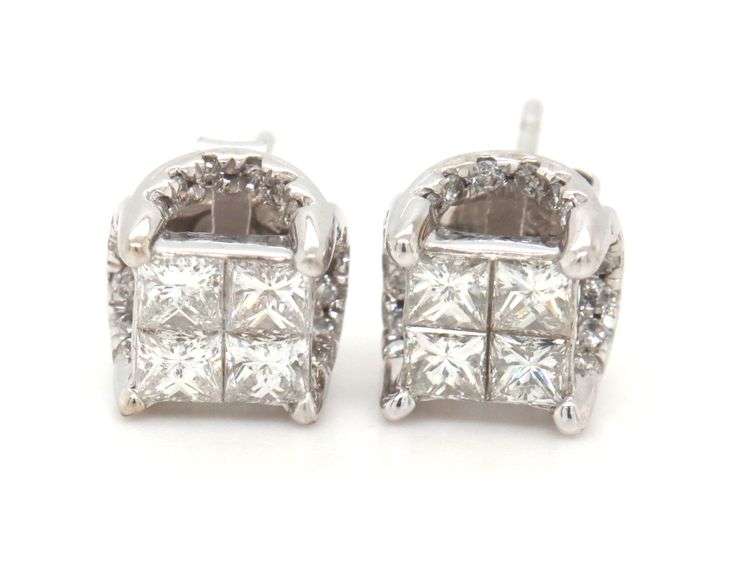 14kt White gold 1.20ctw invisible set diamond under halo stud earrings
