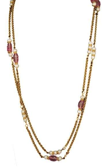 Chanel Pink Stone and Faux Pearl Station Necklace