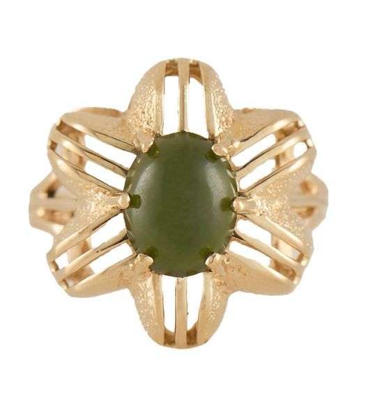 Oval Jade Flower Style Solitaire Ring in 14K