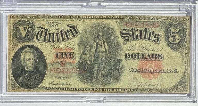 Cased $5 1907 Series Lumberjack US Note. Fr66