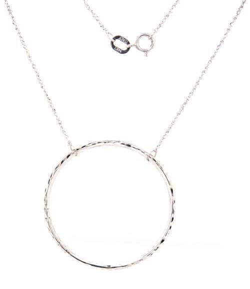 14kt White gold Hammered finish circle pendant on chain