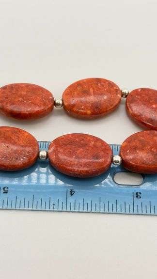 925 Sterling Silver LUC Sign Lucas Lameth Red Coral Pendant and Disk Shape Bead Necklace