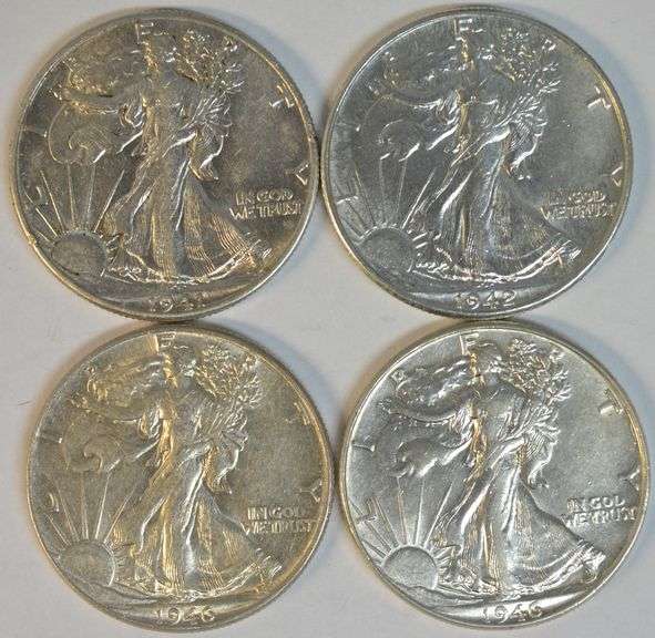 4 Assorted 'P' Mint Walking Liberty Half Dollars in slider/BU