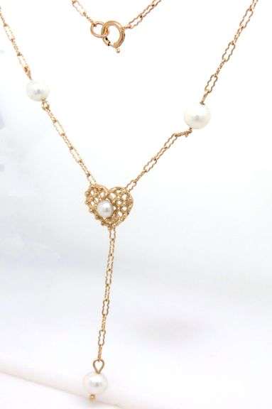 14kt Yellow gold pearl station heart lariat necklace