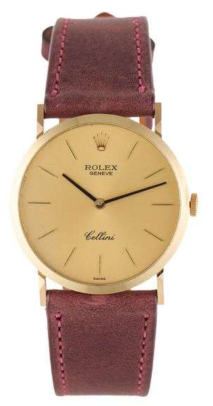 Rolex Cellini, 32mm, Aftermarket Burgundy Calfskin Bracelet, 18K Yellow Gold Watch