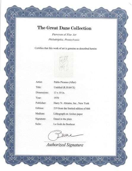 Exclusive Limited Edition Pablo Picasso Lithograph "Le Gout du Bonheur", 1970