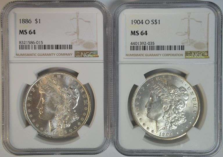 Near Gem BU 1886 & 1904-O Morgan Silver Dollars. NGC MS64
