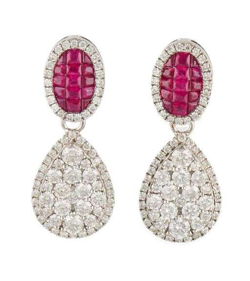 1.18ctw Rubies and 1.75ctw Diamond Pear Shaped Cluster Frame Drop Earrings in 14K
