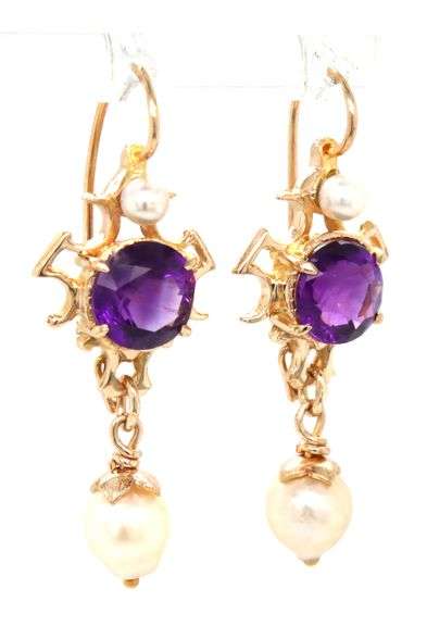 14kt Yellow gold amethyst and pearl dangle earrings