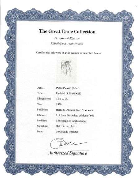 Exclusive Limited Edition Pablo Picasso Lithograph "Le Gout du Bonheur", 1970