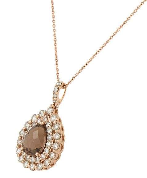 Le Vian Pear Chocolate Quartz and 0.75ctw Diamond Double Frame Pendant Necklace in 14K