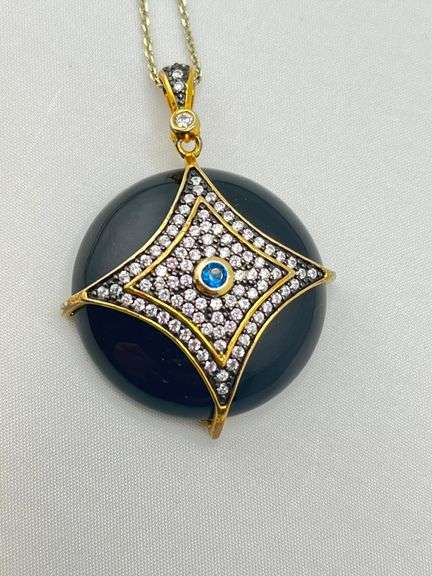 925 Black Rhodium Sterling Silver Black Onyx with Crystal Set Rhombus Overlay Pendant Necklace