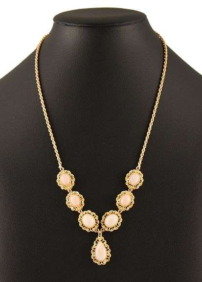 Vintage Angel Skin Coral and Ruby Filigree Frame Pendant Station Necklace in 18K